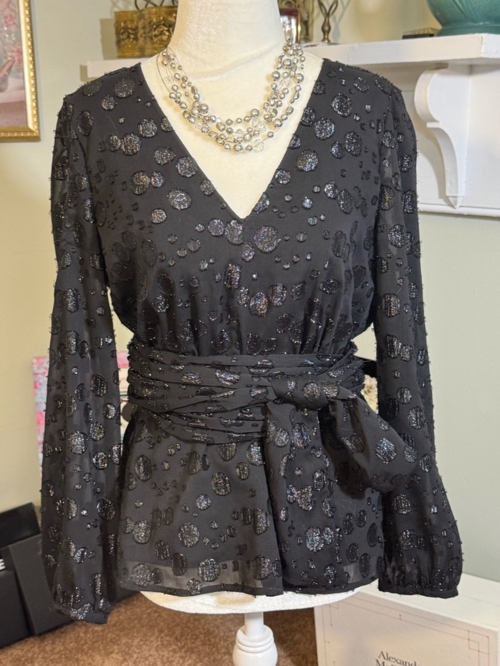 EUC J.Crew Black Metallic Dot Wrap Blouse Black/Black Silver Sparkle Flattering